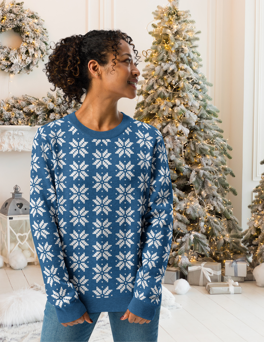 Snowflakes on Blue - Knitted crew neck sweater ~ Sharon Dawn Collection (Sale Price: $100.99 CAD)