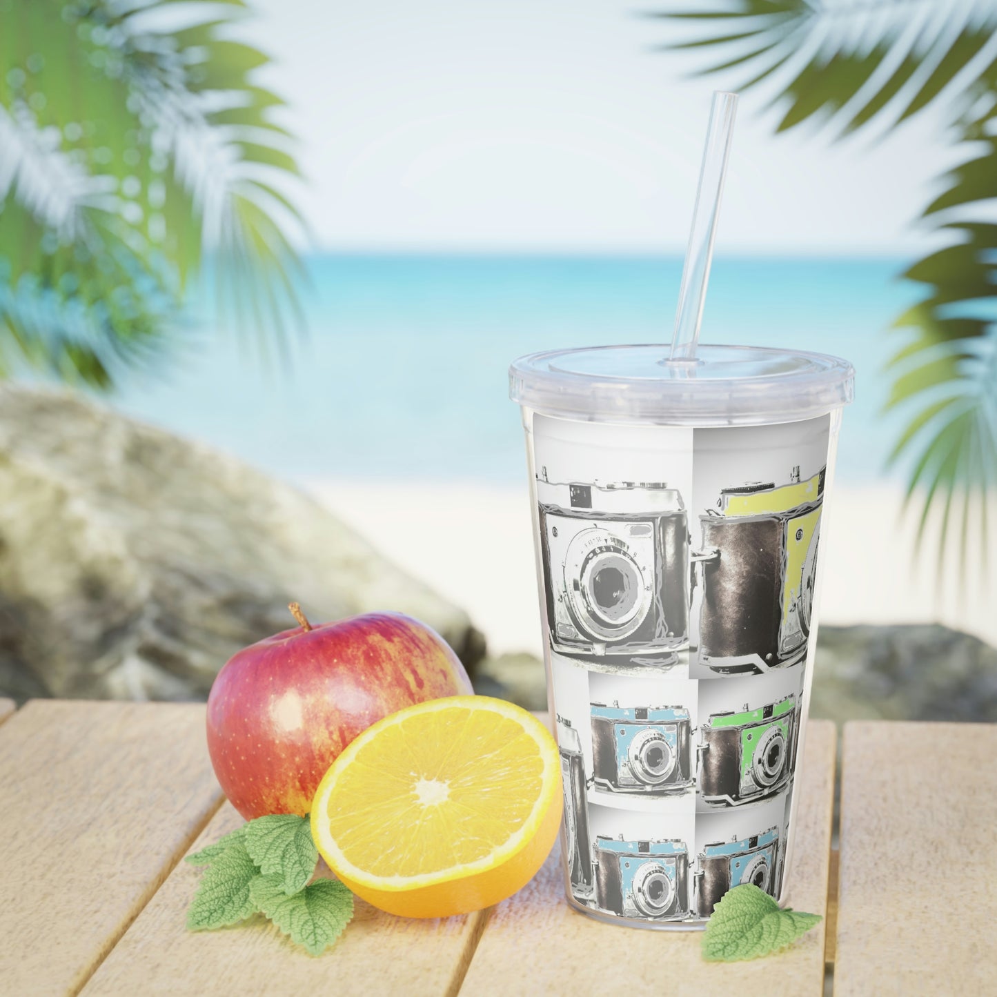 Vintage Camera Collage - Plastic Tumbler with Straw ~ Sharon Dawn Collection