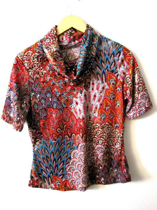 Kaleidoscope Peacock Jersey Cowl Neck Short Sleeved Shirt ~ Sharon Dawn Collection