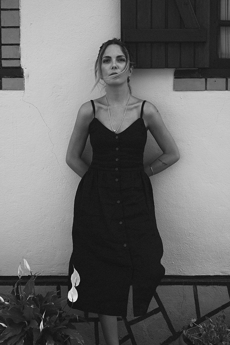 Everly Dress | Black | 100% Linen | Wood Buttons ~ Made in Bali/Designed in Victoria, BC