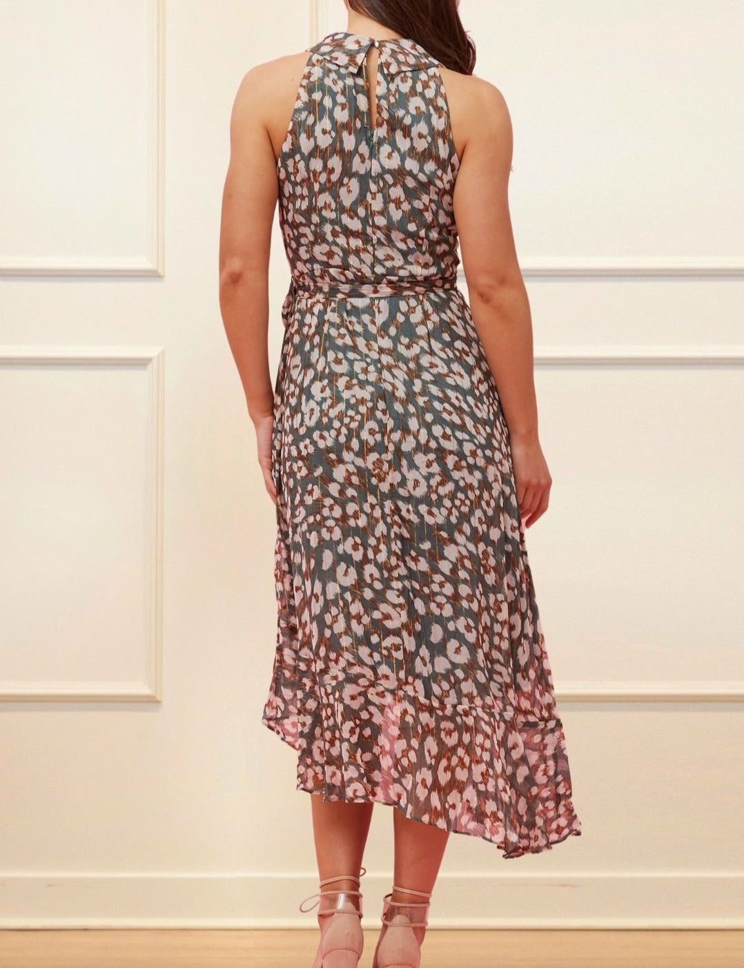 Clemence Midi Dress Asymmetrical Faux Wrap Halter Dress (Georgette fabric) (Sizes: S-1X) (Sale Price: $103.70 CAD)