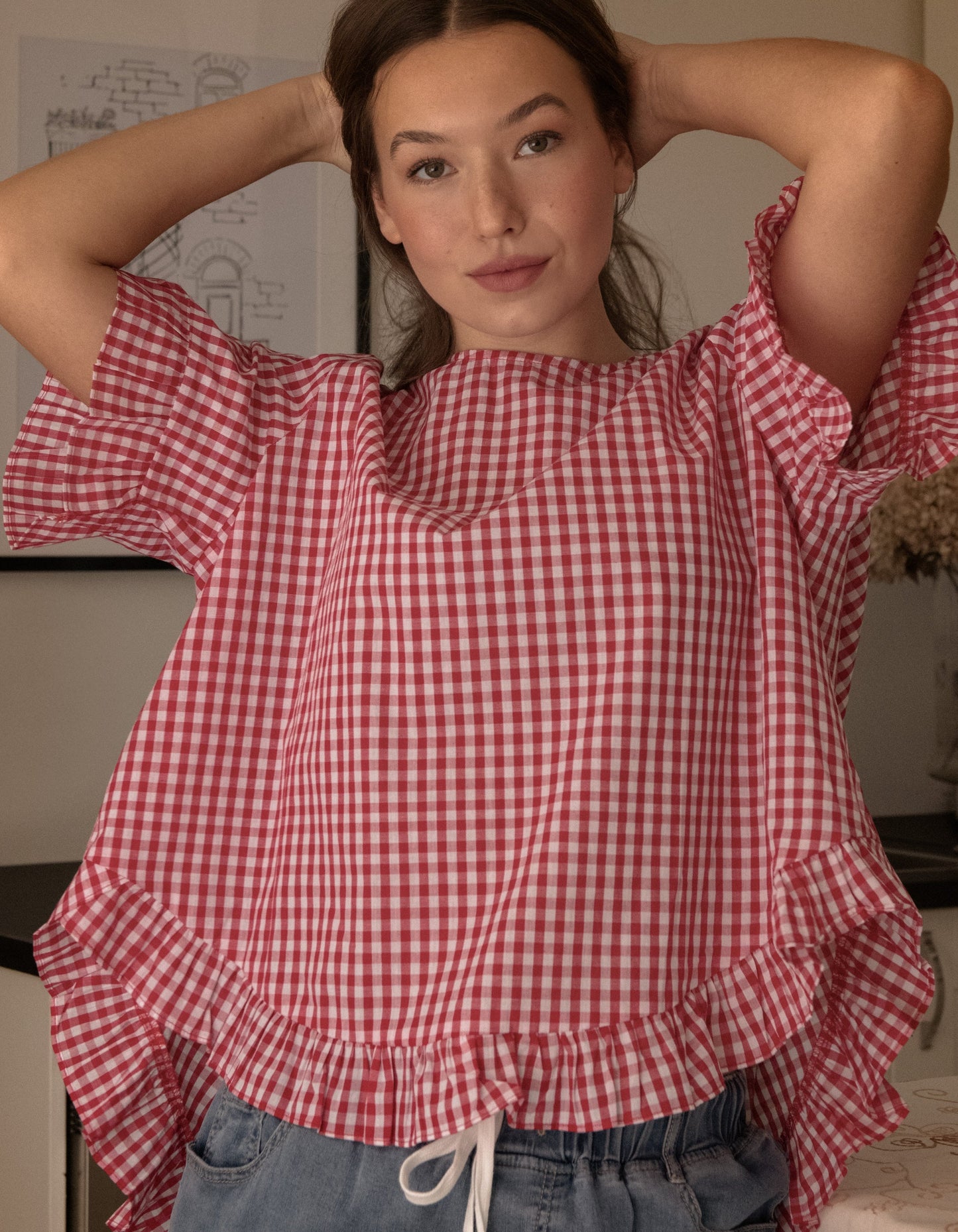 Dominique Blouse Gingham Frills Hi-Low