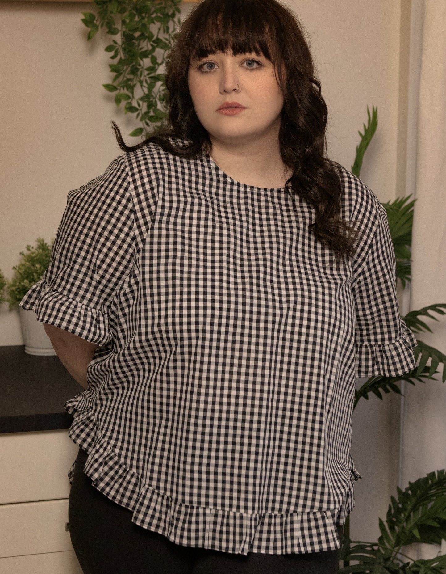 Dominique Blouse Gingham Frills Hi-Low