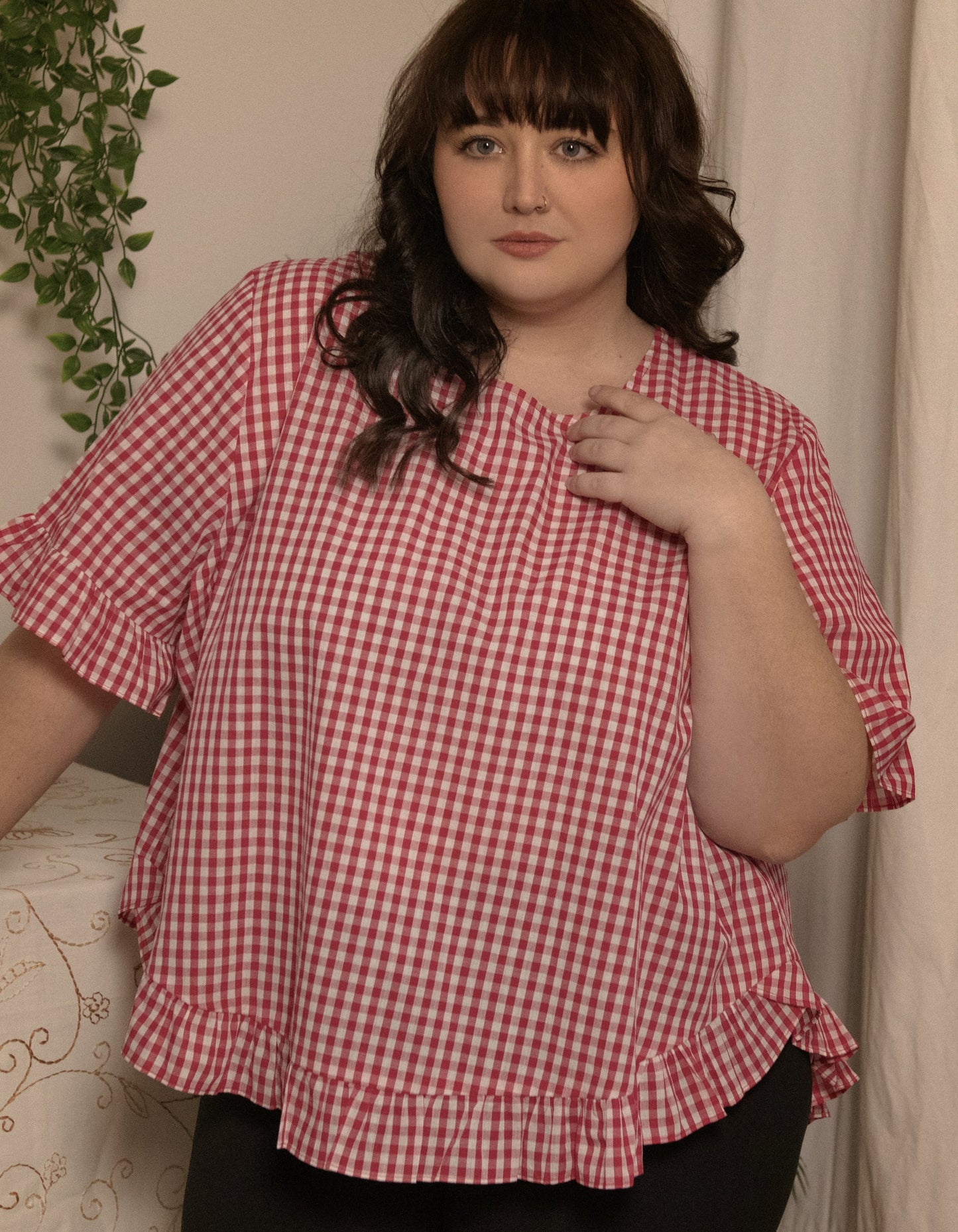 Dominique Blouse Gingham Frills Hi-Low