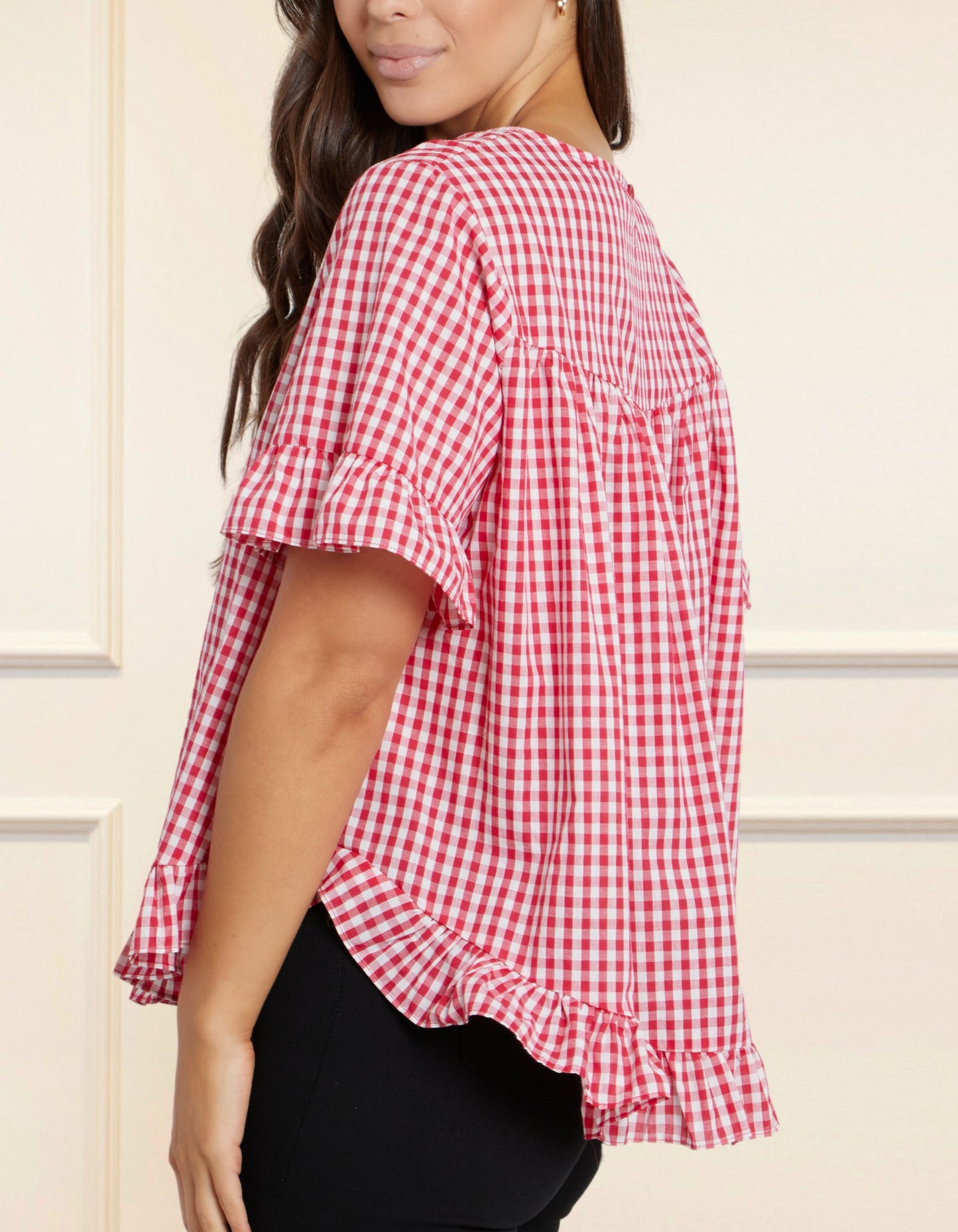 Dominique Blouse Gingham Frills Hi-Low