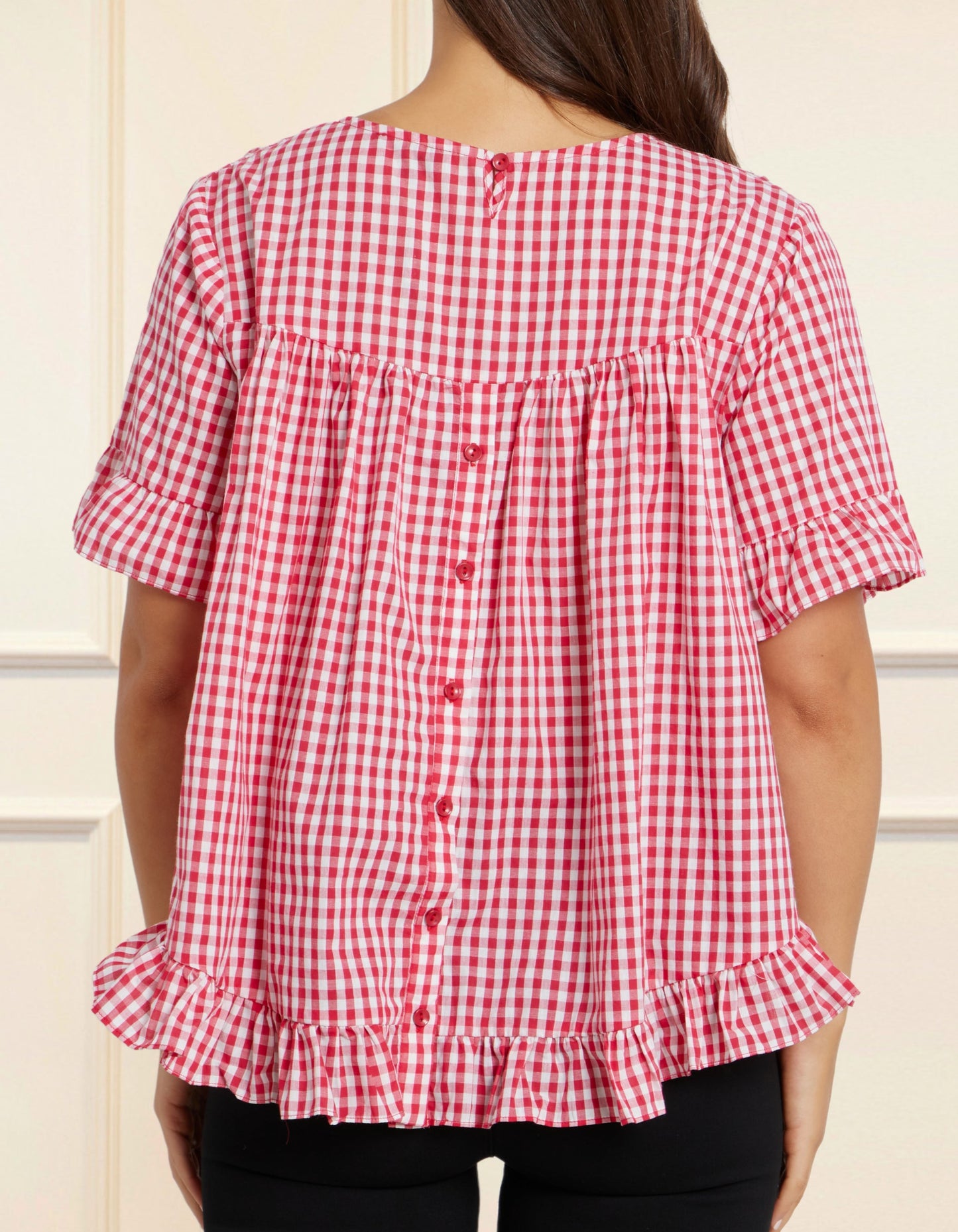 Dominique Blouse Gingham Frills Hi-Low