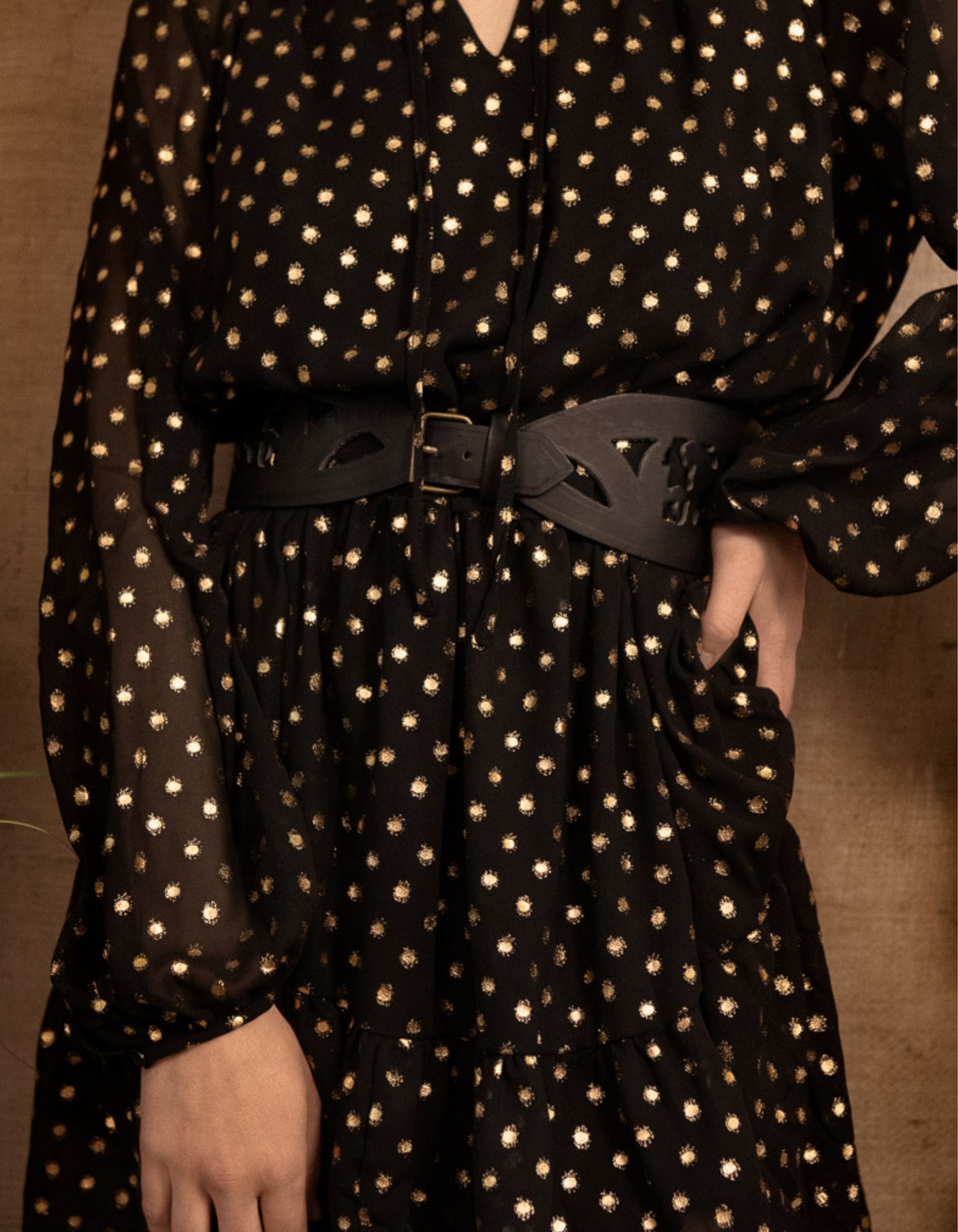 Louane Dress Tiered Tie Dot Gold Black (Sizes: XS-1X) (Sale Price: $49.30 CAD)