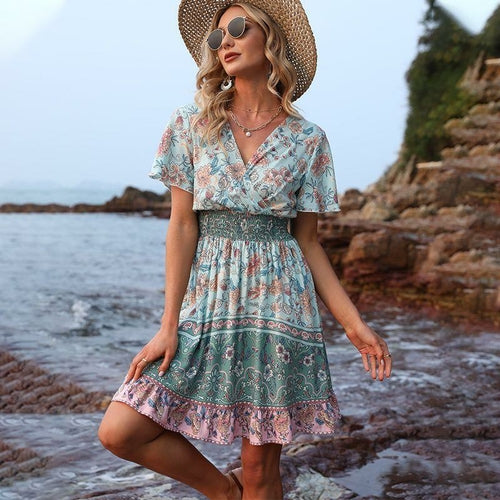 Floral Print Butterfly Sleeve Boho Dress (Green/Apricot) (Sizes: S-XL)