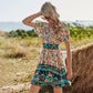 Floral Print Butterfly Sleeve Boho Dress (Green/Apricot) (Sizes: S-XL)
