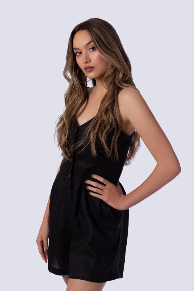 Delphine Romper | Black | Linen/Wood Buttons (Sizes: XS-XL) ~ Made in Bali/Designed in Victoria, BC