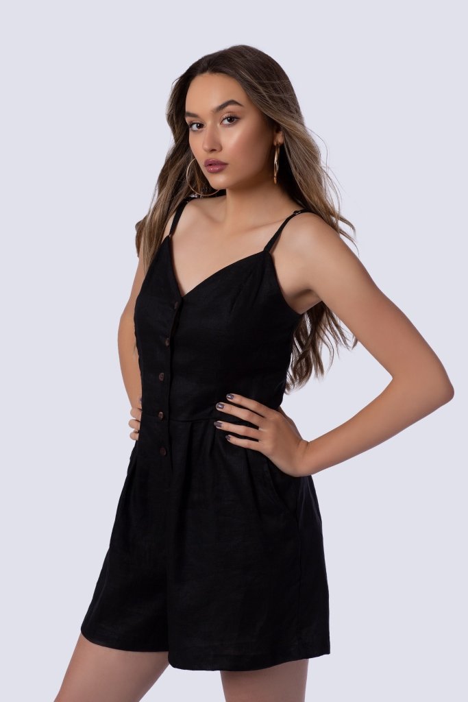 Delphine Romper | Black | Linen/Wood Buttons (Sizes: XS-XL) ~ Made in Bali/Designed in Victoria, BC