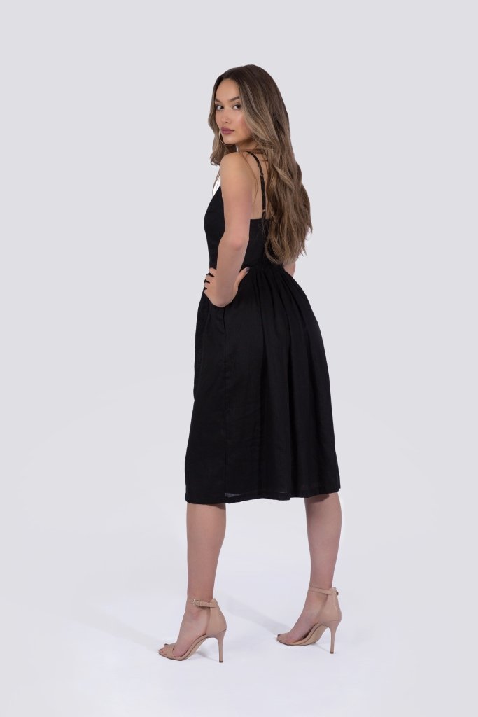 Everly Dress | Black | 100% Linen | Wood Buttons ~ Made in Bali/Designed in Victoria, BC