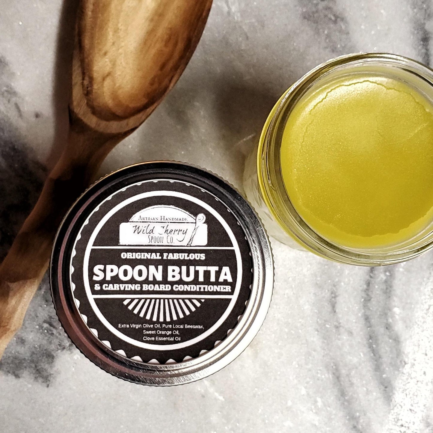 Spoon Butta, Wood Spoon and Cutting Board Conditioner Single Jar - premium product - olive oil, orange oil, clove oil, pure beeswax (Sale Price: 2 oz. - $33.14 & 4 oz. - $74.80 CAD)