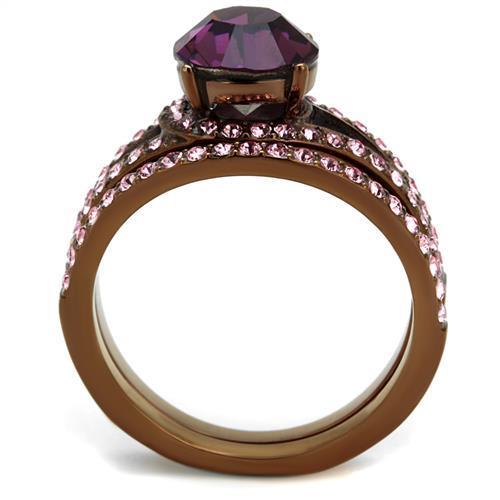 Top Grade Crystal Amethyst on a Light Coffee Stainless Steel Ring