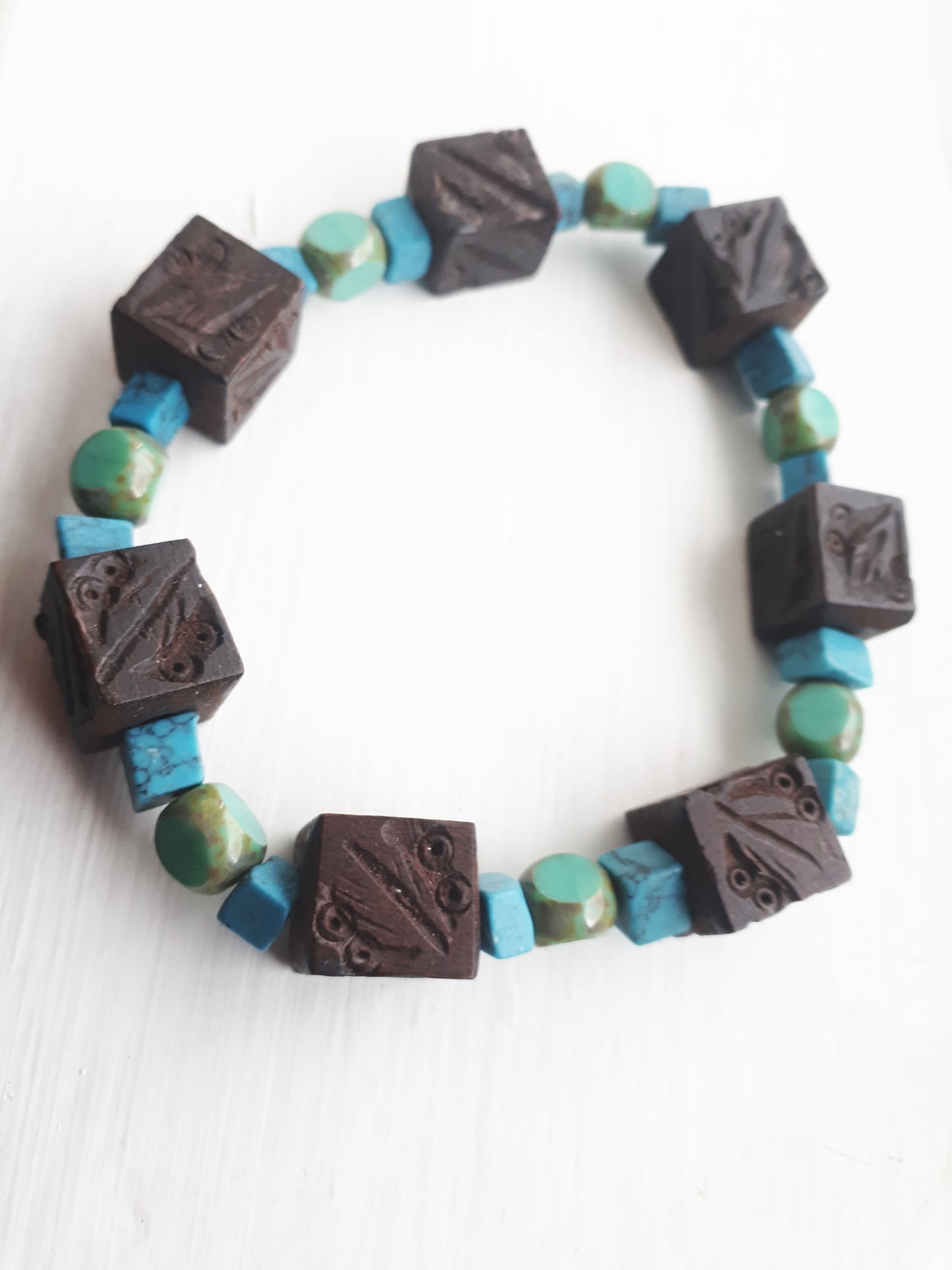 Wood Bead Bracelet with Glass & Semi-Precious Gem Stone Beads