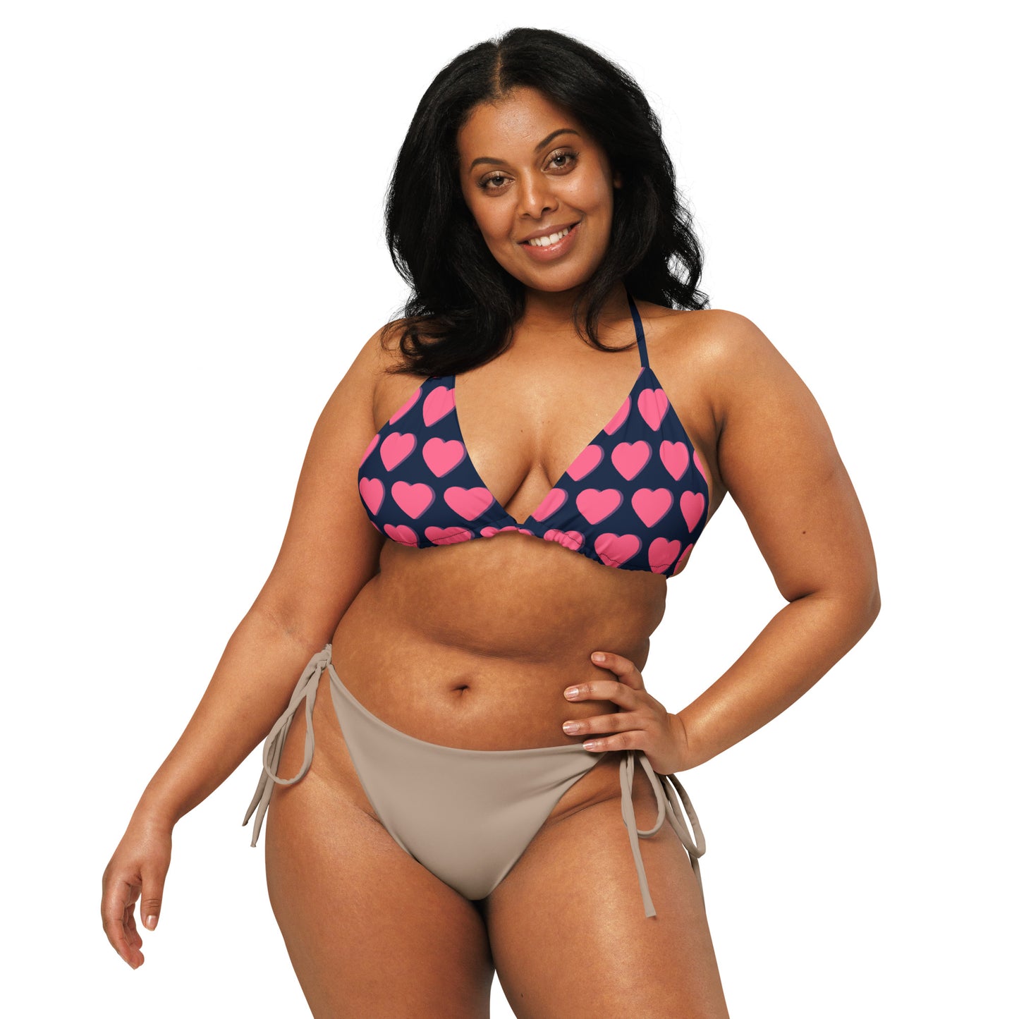 Pink Heart - All-over print recycled string bikini top - multiple ways to tie (UPF 50+) (Sizes up to 6XL) ~ Sharon Dawn Collection (Sale Price: $34.00 CAD)
