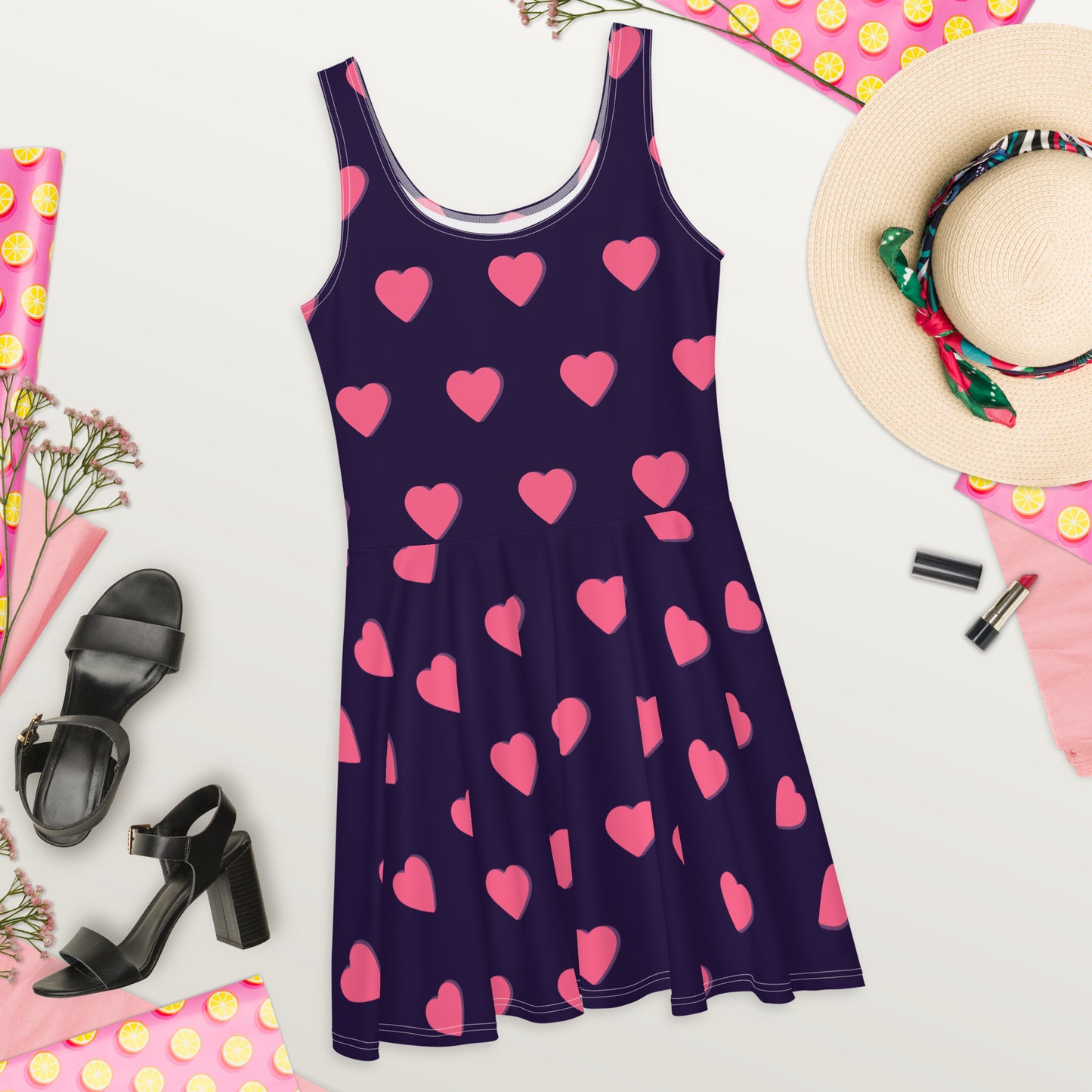 Purple with Pink Hearts Skater Dress ~ Sharon Dawn Collection