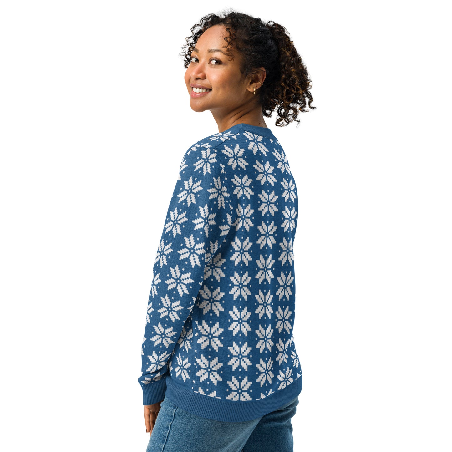 Snowflakes on Blue - Knitted crew neck sweater ~ Sharon Dawn Collection (Sale Price: $100.99 CAD)