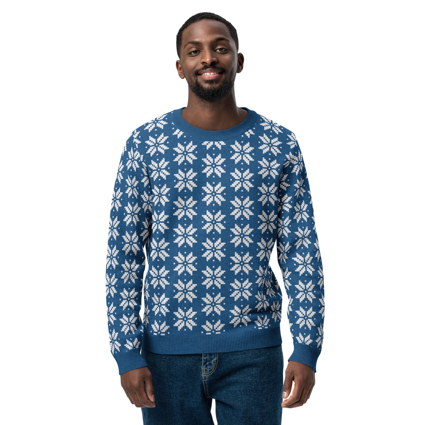 Snowflakes on Blue - Knitted crew neck sweater ~ Sharon Dawn Collection (Sale Price: $100.99 CAD)