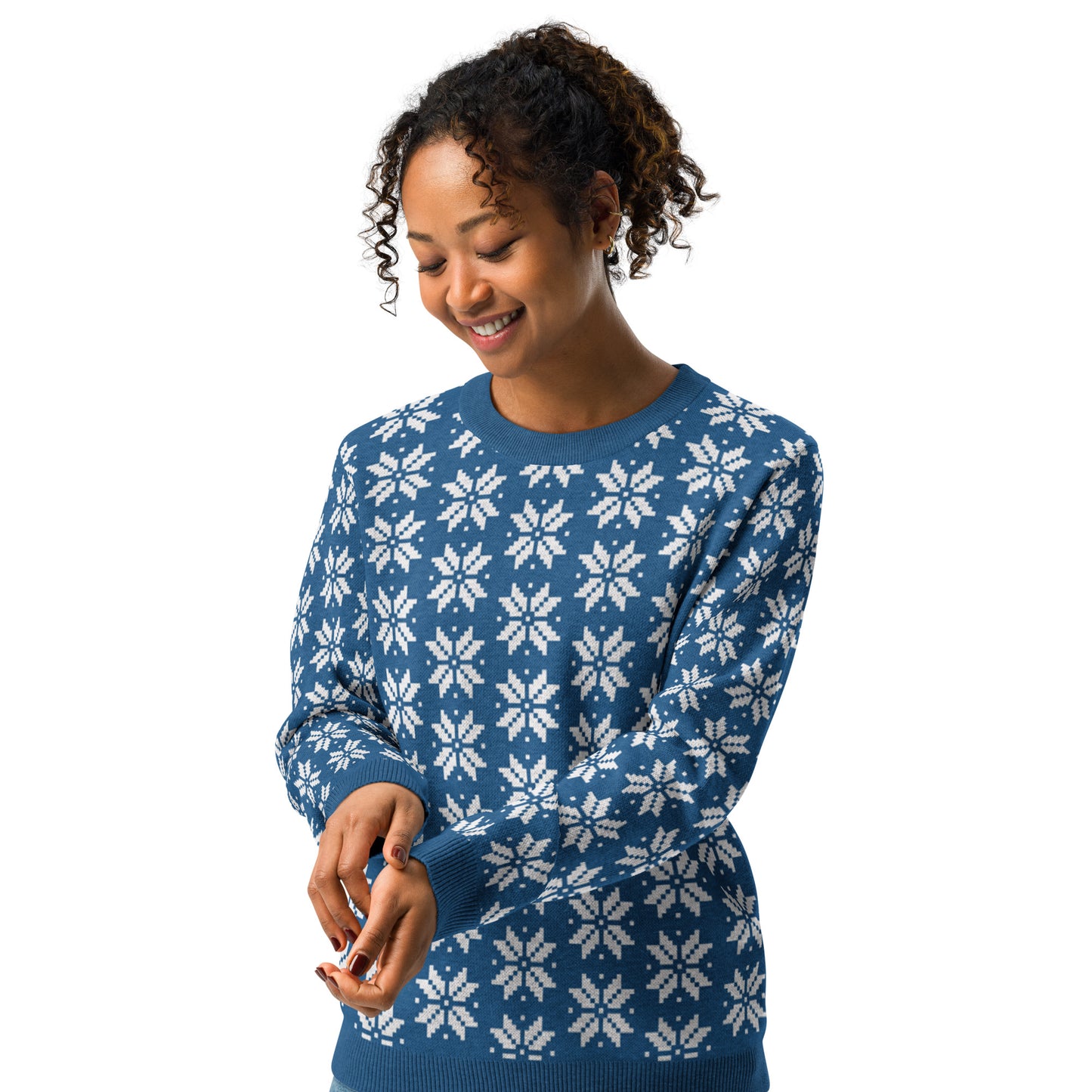 Snowflakes on Blue - Knitted crew neck sweater ~ Sharon Dawn Collection (Sale Price: $100.99 CAD)