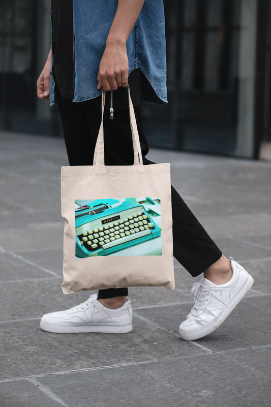 Turquoise Typewriter - Natural Tote Bag ~ Sharon Dawn Collection