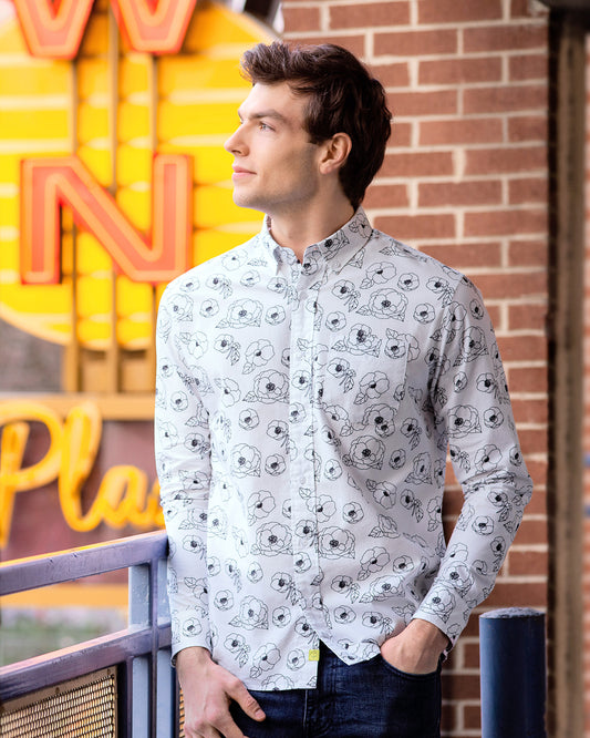 Floral Outline Print Casual Button-Down Long Sleeve Shirt (Sale Price: $107.99 CAD)