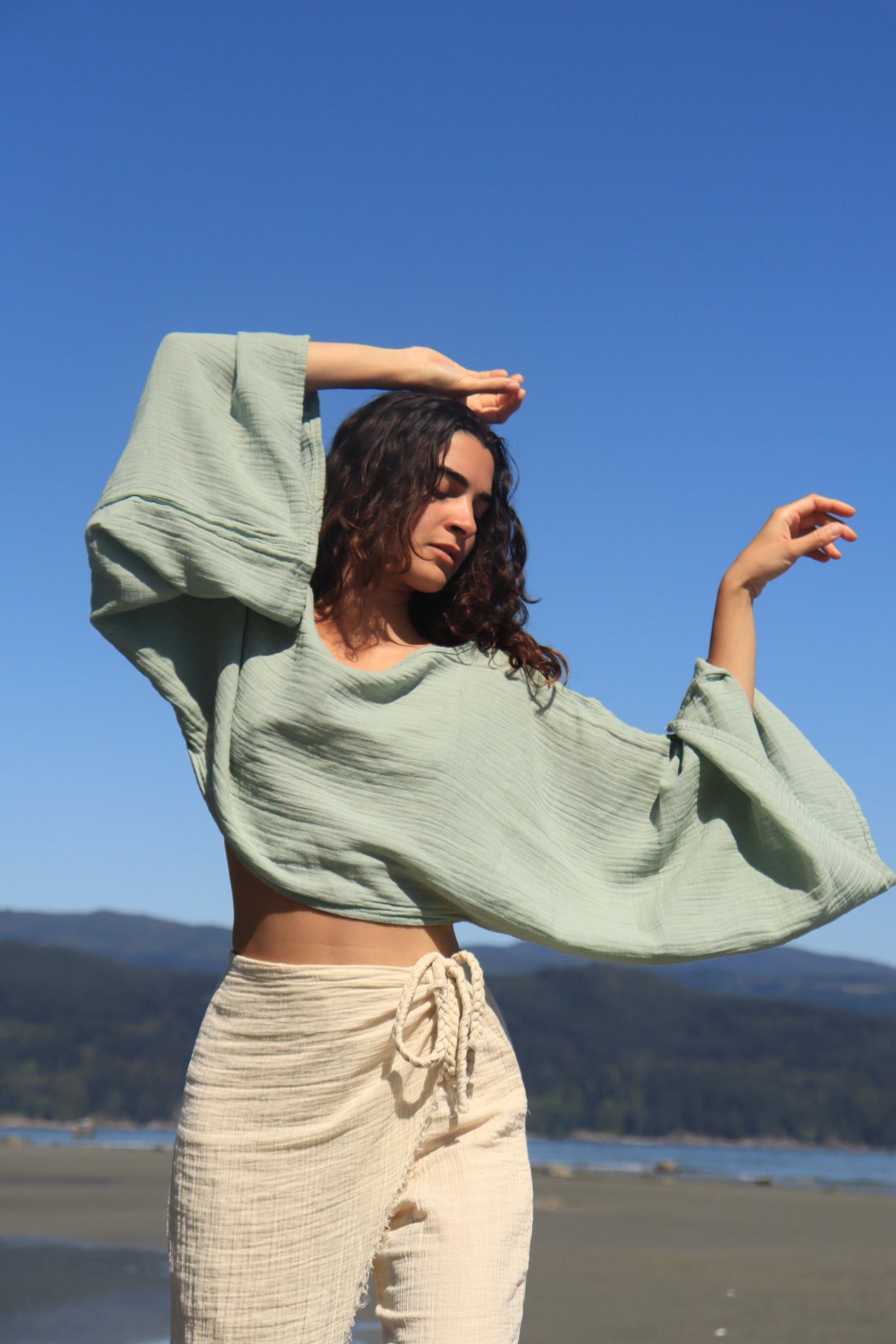 Organic 100% Cotton Long Sleeve Crop Top | Sustainably Sourced (Beige/Mint/Black) (Sizes: S/M/L)