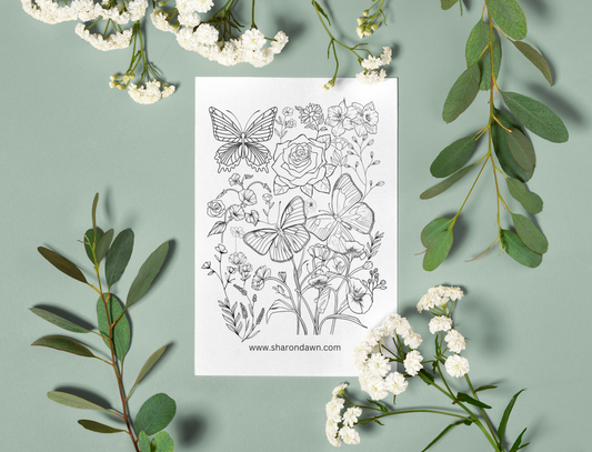 Butterfly Floral - Adult Colouring Page - Printable Digital Download ~ Sharon Dawn Collection